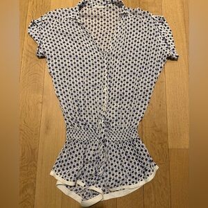 Poupette St. Barth White and Blue Short Sleeved Shorts Romper Small